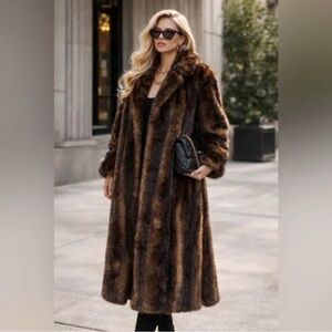 Vintage Regal Faux Fur Long Coat XL | Vintage Glam Brown Mink Look Maxi Coat